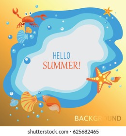 Summer, sea, shells, crabs and sea stars.  Yellow-orange background. Banner design, poster with children's characters cartoon sea creatures.