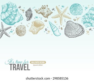 Summer Sea Shells Postcard Design. Vector Background with Place for Text.