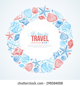 Summer Sea Shells Round Frame. Vector Background with Place for Text.