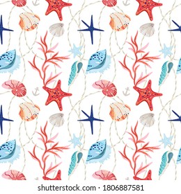 Summer sea shells seamless pattern.Sea shell, starfish,rope drawing.Underwater vector set.