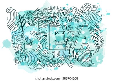 Summer sea shells, waves, corals and seaweeds banner design. Vector watercolor background 