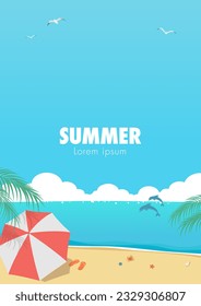 Summer sea and sky A4 size flyer background. Vector illustration of tropical beach with dolphins, sunshade parasol and palm leaves.