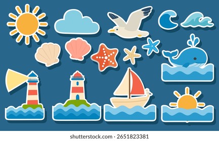 Verão e mar conjunto de vetor adesivo. Clipart oceano definido com sol, nuvem, gaivota, farol, veleiro, nascer do sol, baleia azul, onda, estrela-do-mar, concha. Coleção de elementos de verão em estilo de desenho animado plano.