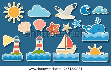 Summer and sea sticker vector set. Ocean clipart set with sun, cloud, seagull, lighthouse, sailboat, sunrise, blue whale, wave, starfish, shell. Summer element collection in flat cartoon style.