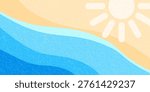 Summer sea, sun beach background. Abstract tropic vector illustration with textured waves, sandy shore and yellow sun. Minimal tropic landscape for vacation banner, travel poster.
