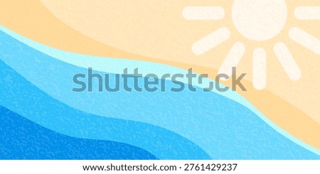 Summer sea, sun beach background. Abstract tropic vector illustration with textured waves, sandy shore and yellow sun. Minimal tropic landscape for vacation banner, travel poster.