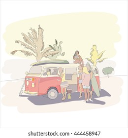 summer sea sun beach vacation surf autotravel, vector illustration summer vacation. The company is going to rest on the beach a sketch by hand