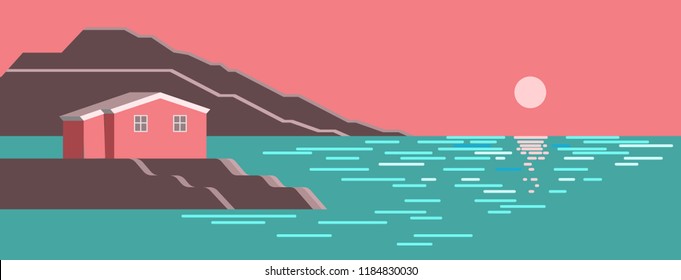 Summer sea sun dawn colorful landscape with brown stone cliff, little house and rising sun, with reflect in the water. Vector seaside, flat infographic illustration.