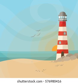 Summer sea sunset colorful landscape with lighthouse. Vector flat illustration.