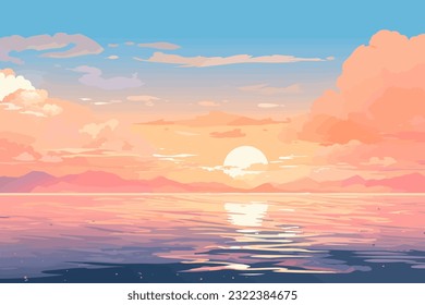 Summer sea sunset landscape flat vector art illustration, retro vintage poster, cartoon colorful flat vector illustration.