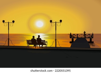 Summer sea sunset. Seascape with people silhouettes, street lights, bench, bridge, pier. Vector illustration.