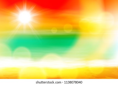 Summer sea sunset with the sun, light on lens