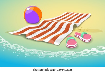 Summer sea towel background. Ocean beach peaceful vector illustration with ball toy, slippers and beach litter