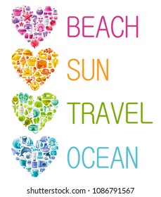 Summer sea travel banner. Color wallpaper vector, isolated background. Trendy vacation icon set illustration. Monochrome poster. Ocean, summertime holiday, beach, sun, nature, tropical sealif symbols