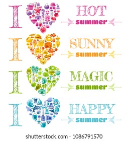 Summer sea travel banner. Color wallpaper vector, isolated background. Trendy vacation icon set illustration. Monochrome poster. Ocean, summertime holiday, beach, sun, nature, tropical sealif symbols