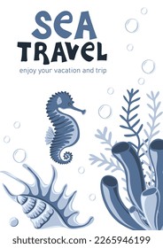 Summer sea travel poster design with seashells, seahorse and seaweeds. Travel flyer template.  life. Summer vacations. Concept of sea and ocean tourism. Vector illustration