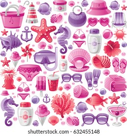 Summer sea travel seamless pattern. Repeat retro wallpaper vector isolated background. Vacation pink icon set illustration, cartoon icons, coral reef, sunglasses, sun cream, anchor, diving, horse, bal