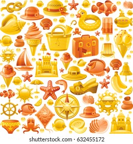 Summer sea travel seamless pattern. Repeat wallpaper vector background poster. Vacation icon set illustration.  Flat funky icons, sun, sand castle, shell, rubber ring, fruit, hat, yacht, suitcase 