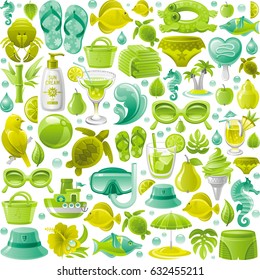 Summer sea travel seamless swatch pattern. Trendy Repeat wallpaper vector background banner. Vacation icon set illustration. Flat design symbol, parasol, Palm tree, scuba mask, swimsuit, boat, animals