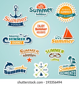 Summer sea tropical vacation journey holidays sticker set isolated vector illustration