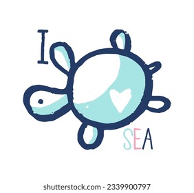 Papel de camisetas de la tortuga marina de verano. Diseño de océano tropical dibujado a mano. Vector de niños de vacaciones en la playa con eslogan. Amo el mar Los animales marinos viajes exóticos, ropa de bebé viajes náuticos