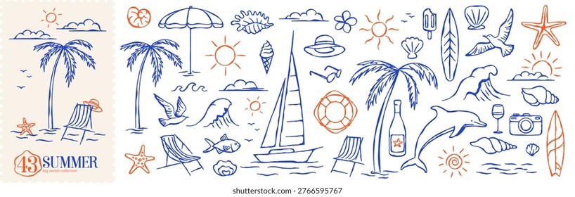 Summer Sea Vacation Doodle Set. Ocean Clipart Set. Vector sketch art compositions with yacht boat, palm tree, wave. Summer set for travel poster, tropical party flyer, summer-themed design and event.