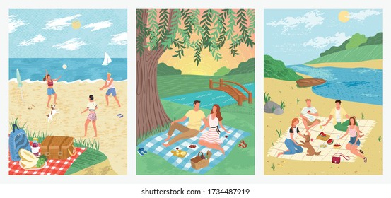 Summer sea vacation on tropical beach holiday concept vector illustration. People play volleyball on sand. Couple drink wine and watch sunset in a park. Friends at picnic, outdoor activity