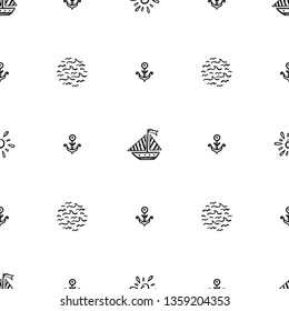 Summer Sea Vacation Vector Background. Hand Drawn Doodle Sailboat, Anchors, Sun and Sea Waves Seamless Pattern