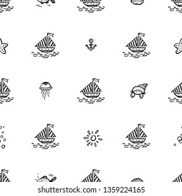 Summer Sea Vacation Vector Background. Hand Drawn Doodle Sailboat with Summer Sea Various icons Seamless Pattern