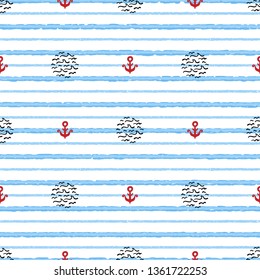 Summer Sea Vacation Vector Background. Hand Drawn Doodle Anchors and Sea Waves Seamless Pattern 
