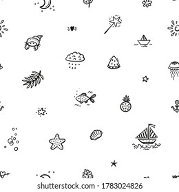 Summer Sea Vacation Vector Background. Hand Drawn Doodle Sailboat, Fruits and Sea Animals Seamless Pattern