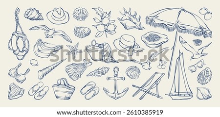 Summer sea vacation whimsical doodle style set. Italian coastal holiday hand drawn collection. Seaside mood for card, beach party poster, label, print, banner, travel website. Vector ink illustration.