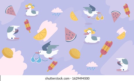 Summer sea vector of funny seagulls backgorund