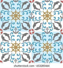 Summer sea vector pattern. A pattern of alternating squares with image of dolphins, hand wheels, life buoys and tides. The pattern is suitable for decoration of textiles and stationery.