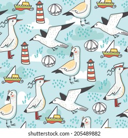 Summer sea vector pattern of seagulls, beacons, ships and shells.