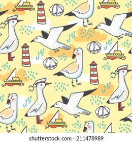 Summer sea vector pattern of seagulls, beacons, ships and shells.