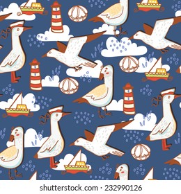 Summer sea vector pattern of seagulls, beacons, ships and shells.