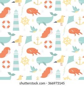 Summer and sea vector vintage flat seamless pattern.