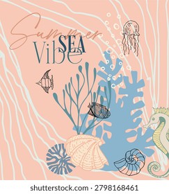 Summer SEA Vibe. Vector composition of isolated sea-themed illustrations in pastel colors. Digital illustration in doodling style, abstract flat style.