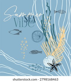 Summer SEA Vibe. Vector composition of isolated sea-themed illustrations in pastel colors. Digital illustration in doodling style, abstract flat style.