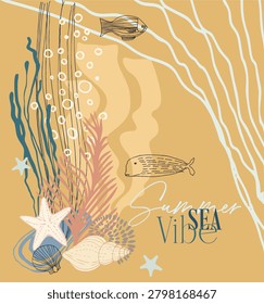 Summer SEA Vibe. Vector composition of isolated sea-themed illustrations in pastel colors. Digital illustration in doodling style, abstract flat style.