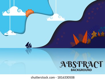 Summer sea view. background theme with sandy ocean shore with rocks. Vector cartoon illustration of coast and blue sea water. Horizontal template