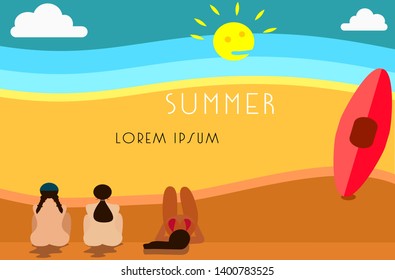 Summer Sea view beach with three nude friends with daylight and surf equipment, blue sky and clouds.
