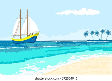 Summer sea view with cartoon sailboat and palms island. Seaside background for flyer, banner, greeting card and invitation