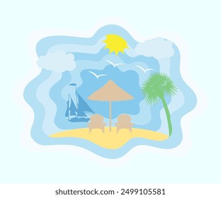 summer sea view sky and beach paper cut art banner vector illustration flat style background for you design