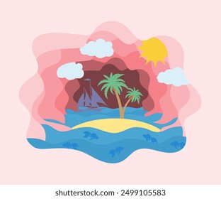 summer sea view sky and beach paper cut art banner vector illustration flat style background for you design