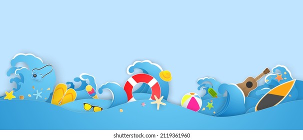 summer sea view with water toys placed on the beach paper cut background and handicraft pattern vector illustration