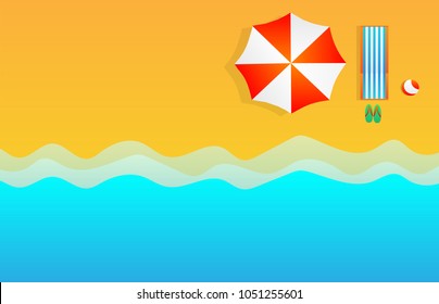 summer sea view with wave of ocean and gold sand beach, umbrella ,chair ,shoes and ball put on beach, vacation funny, vector art and illustration. summer season holiday to family happy concept. 