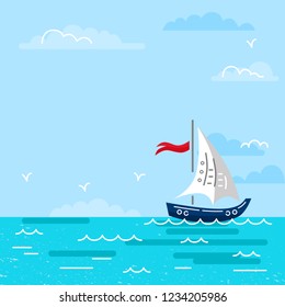 Summer sea view with yacht. Flat and line style vector illustration. Travel concept. Sailing regatta. Hello summer card.