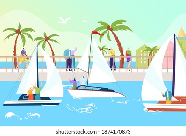 Summer sea water tourism, vector illustration. Cartoon yacht vacation at ocean, holiday travel at nature beach. Outdoor seafront landscape, recreation at seaside tropical background.